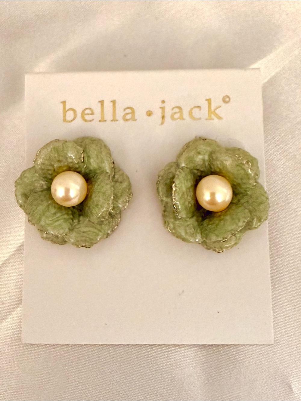 Bella Jack Green Flower Faux Pearl Stud Earrings Floral Statement New
